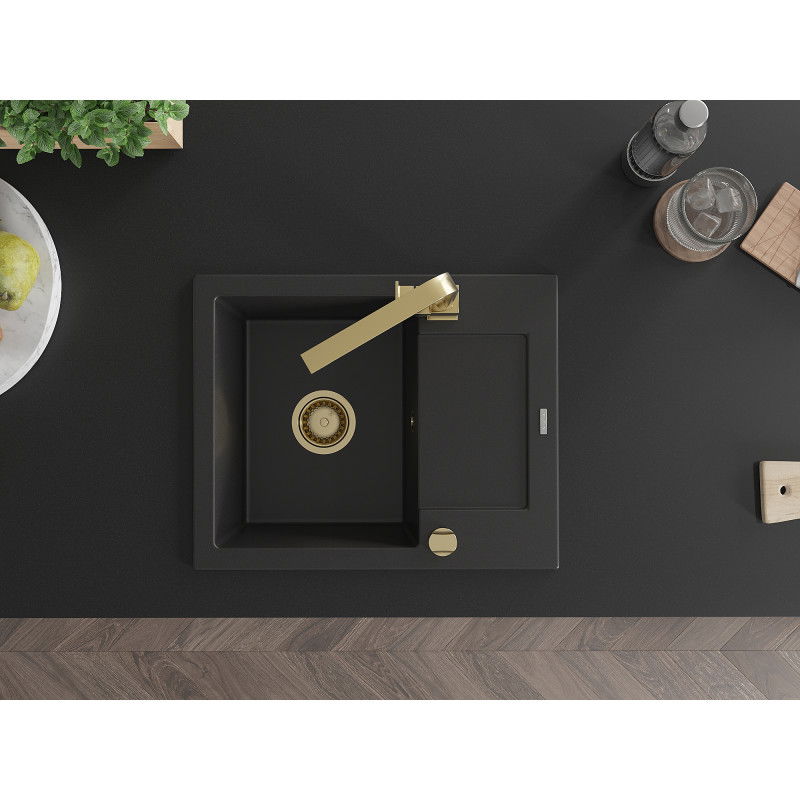 Mexen Enzo granito plautuvė su viena kamera ir nusausintuvu bei virtuviniu maišytuvu Rita, juoda - 6506-77-670300-50