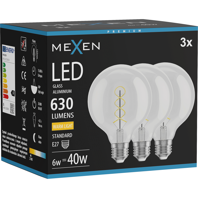 Mexen Vintis 3x LED spiralės siūlelio lemputė E27, G95, 6W, Šilta - 2700K, 630 lm, skaidri - L167-E27-0627-00x03