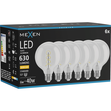 Mexen Vintis 6x Filamentinė spiralė LED lemputė E27, G95, 6W, Šilta - 2700K, 630 lm, skaidri - L167-E27-0627-00x06