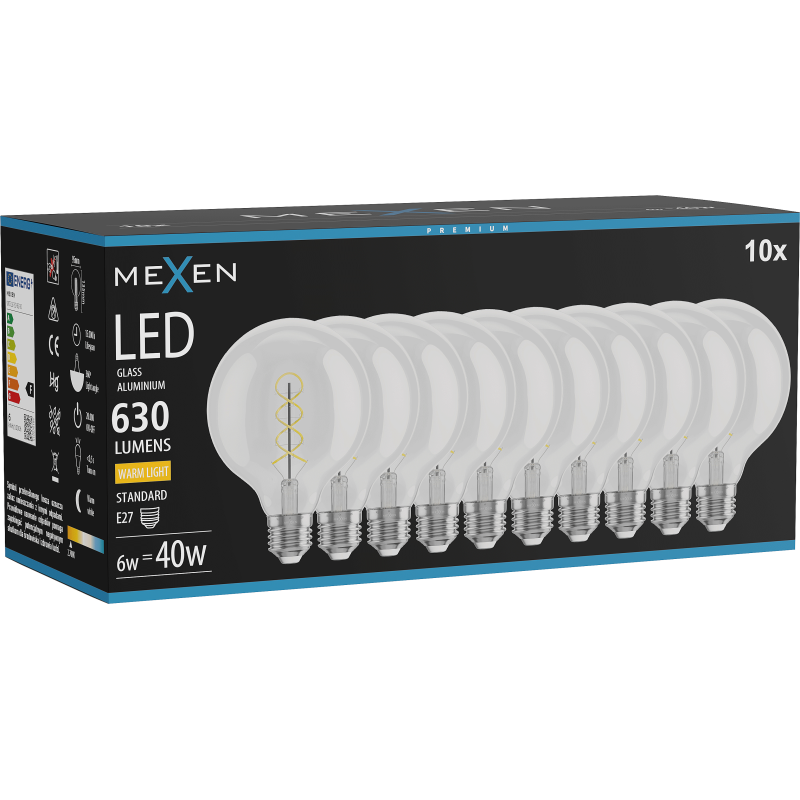 Mexen Vintis 10x LED kaitinamosios spiralės lemputės E27, G95, 6W, Šilta - 2700K, 630 lm, skaidri - L167-E27-0627-00x10
