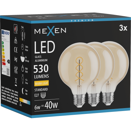 Mexen Vintis 3x kaitrinė lemputė su LED E27, G95, 6W, Šilta - 2700K, 530 lm, gintarinė - L167-E27-0627-50x03