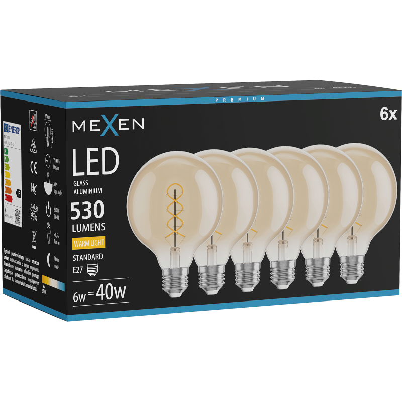 Mexen Vintis 6x lemputė filamentinė spiralė LED E27, G95, 6W, Šilta - 2700K, 530 lm, gintarinė - L167-E27-0627-50x06