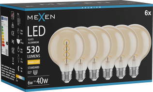 Mexen Vintis 6x lemputė filamentinė spiralė LED E27, G95, 6W, Šilta - 2700K, 530 lm, gintarinė - L167-E27-0627-50x06