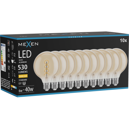 Mexen Vintis 10x Lemputė gijų spiralė LED E27, G95, 6W, Šilta - 2700K, 530 lm, gintarinė - L167-E27-0627-50x10