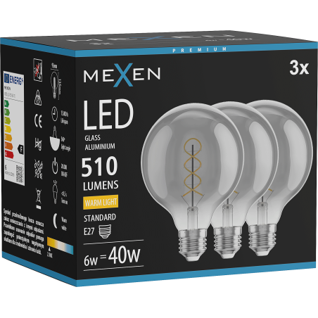 Mexen Vintis 3x LED spiralės kaitinamoji lempa E27, G95, 6W, Šilta - 2700K, 510 lm, smoke - L167-E27-0627-70x03