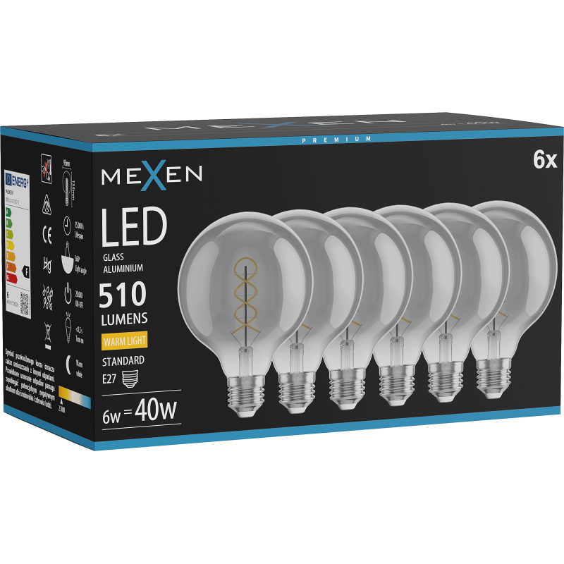 Mexen Vintis 6x kaitrinė spiralė LED lemputė E27, G95, 6W, Šilta - 2700K, 510 lm, dūminė - L167-E27-0627-70x06