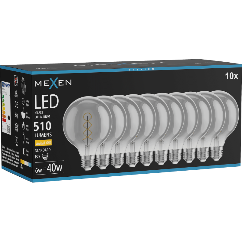 Mexen Vintis 10x LED siūlelio spiralės lemputė E27, G95, 6W, Šilta - 2700K, 510 lm, dūminė - L167-E27-0627-70x10
