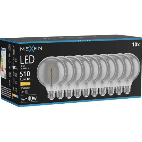 Mexen Vintis 10x LED siūlelio spiralės lemputė E27, G95, 6W, Šilta - 2700K, 510 lm, dūminė - L167-E27-0627-70x10