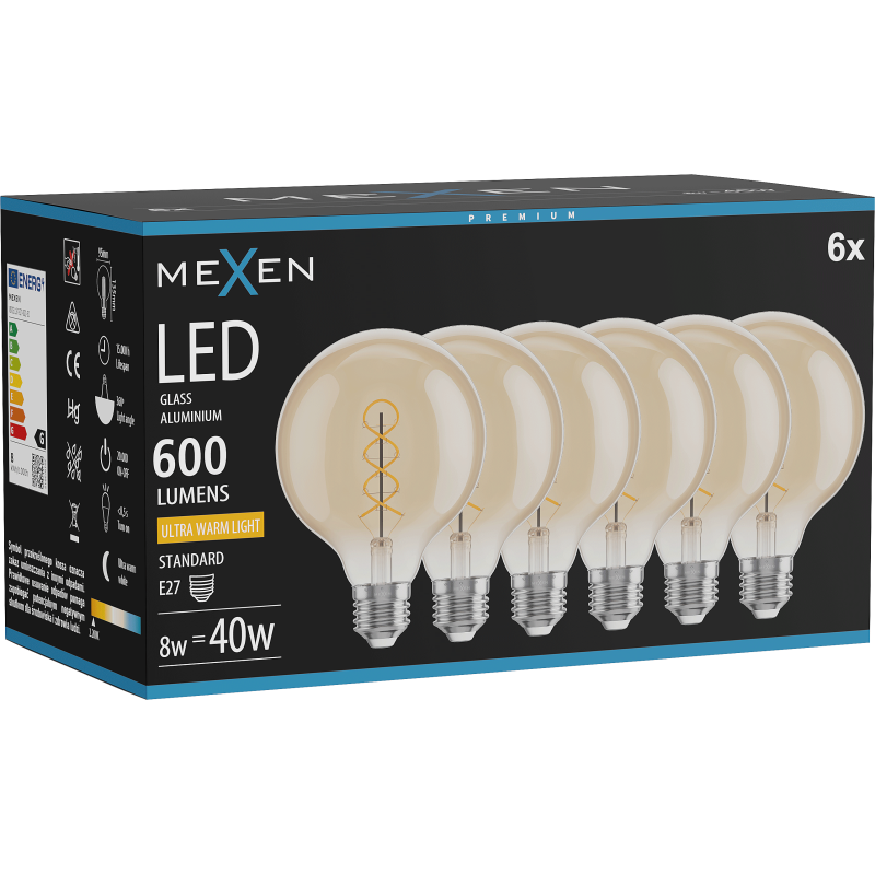 Mexen Vintis 6x LED spiralės lemputė E27, G95, 8W, Šilta - 2200K, 600 lm, gintarinė - L167-E27-0822-50x06