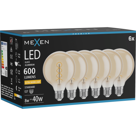 Mexen Vintis 6x LED spiralės lemputė E27, G95, 8W, Šilta - 2200K, 600 lm, gintarinė - L167-E27-0822-50x06