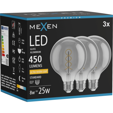 Mexen Vintis 3x LED lemputė su siūlo spirale E27, G95, 8W, Šilta - 2200K, 450 lm, dūminė - L167-E27-0822-70x03