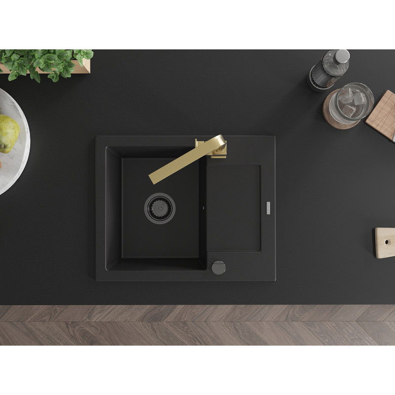 Mexen Enzo granitinė vienos sekcijos plautuvė su nusausintuvu ir virtuviniu maišytuvu Rita, juoda - 6506-77-670300-50-B