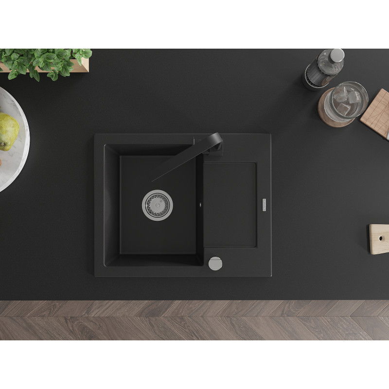Mexen Enzo granitinė virtuvinė plautuvė su viena kamera ir nuvarvėtoju bei virtuvinio maišytuvo Rita, juoda - 6506-77-670300-70