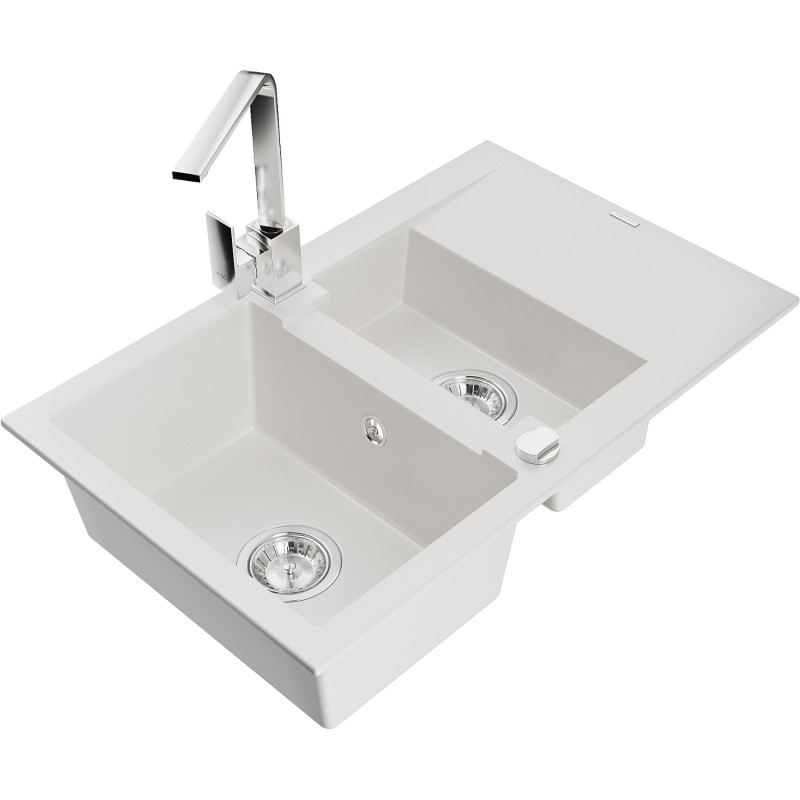 Mexen Gaspar granitinė 1,5 kamerų kriauklė su nusausintuvu ir virtuviniu maišytuvu Rita, balta - 6507-20-670300-00