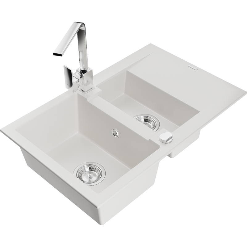 Mexen Gaspar granito plautuvė 1,5 kamerų su lašintuvu ir virtuviniu maišytuvu Rita, balta - 6507-20-670300-00