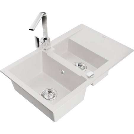 Mexen Gaspar granito plautuvė 1,5 kamerų su lašintuvu ir virtuviniu maišytuvu Rita, balta - 6507-20-670300-00