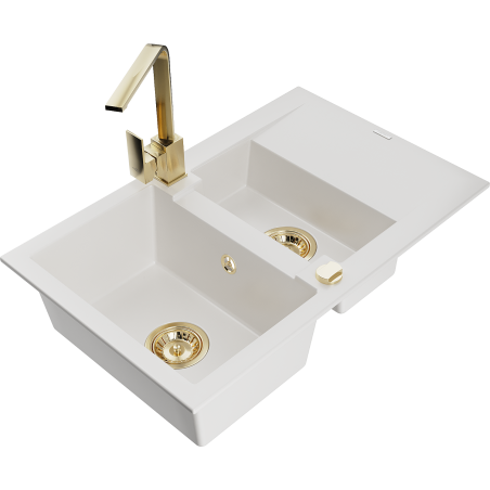 Mexen Gaspar granito kriauklė 1,5 kamerų su nusausinimo lentyna ir virtuviniu maišytuvu Rita, balta - 6507-20-670300-50