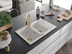 Mexen Gaspar granito kriauklė 1,5 kamerų su nusausinimo lentyna ir virtuviniu maišytuvu Rita, balta - 6507-20-670300-50