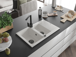 Mexen Gaspar granito plautuvė 1,5 skylių su varvekliu ir virtuviniu maišytuvu Rita, baltas - 6507-20-670300-70