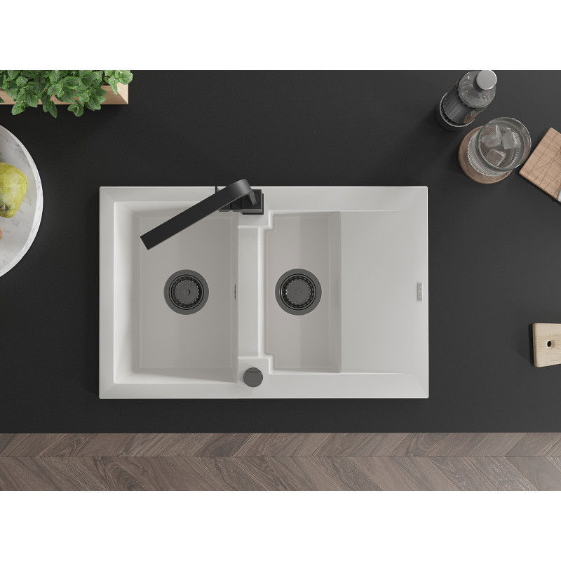 Mexen Gaspar granito plautuvė 1,5 skylių su varvekliu ir virtuviniu maišytuvu Rita, baltas - 6507-20-670300-70
