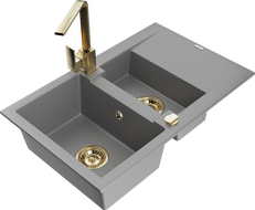 Mexen Gaspar granitinis 1,5 kamerų virtuvės kriauklė su nusausintuvu ir virtuvės maišytuvu Rita, pilka - 6507-71-670300-50