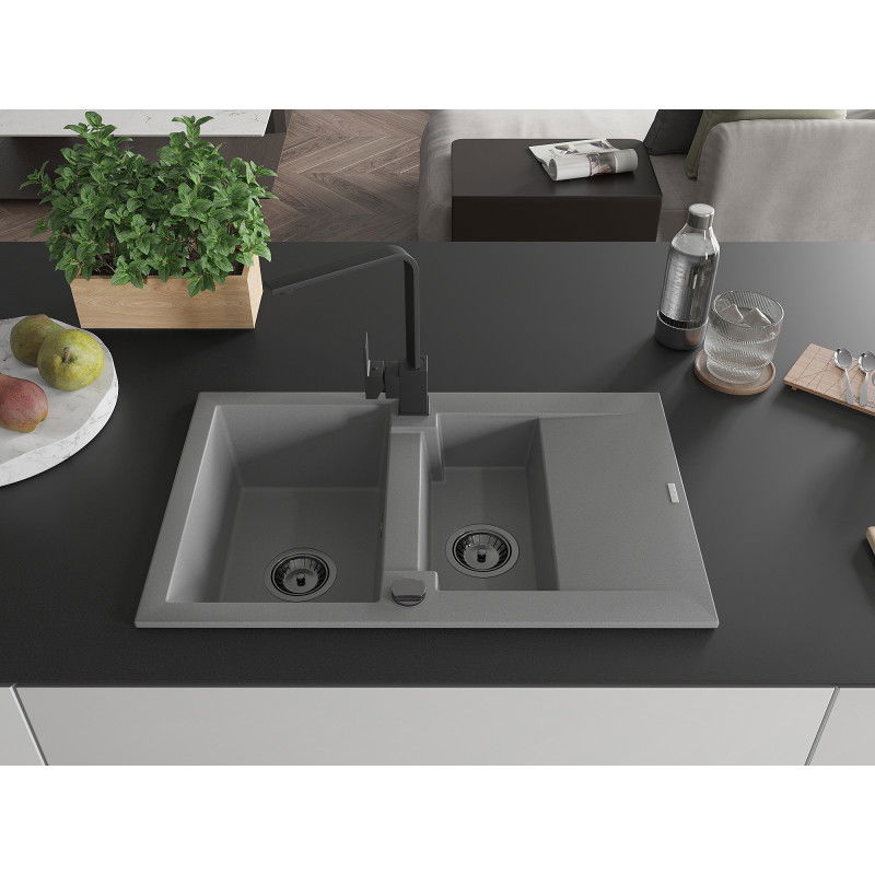 Mexen Gaspar granitinis praustuvas 1,5 skyrių su indų laikikliu ir virtuviniu maišytuvu Rita, pilka - 6507-71-670300-70-B