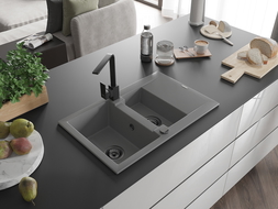Mexen Gaspar granitinis praustuvas 1,5 skyrių su indų laikikliu ir virtuviniu maišytuvu Rita, pilka - 6507-71-670300-70-B