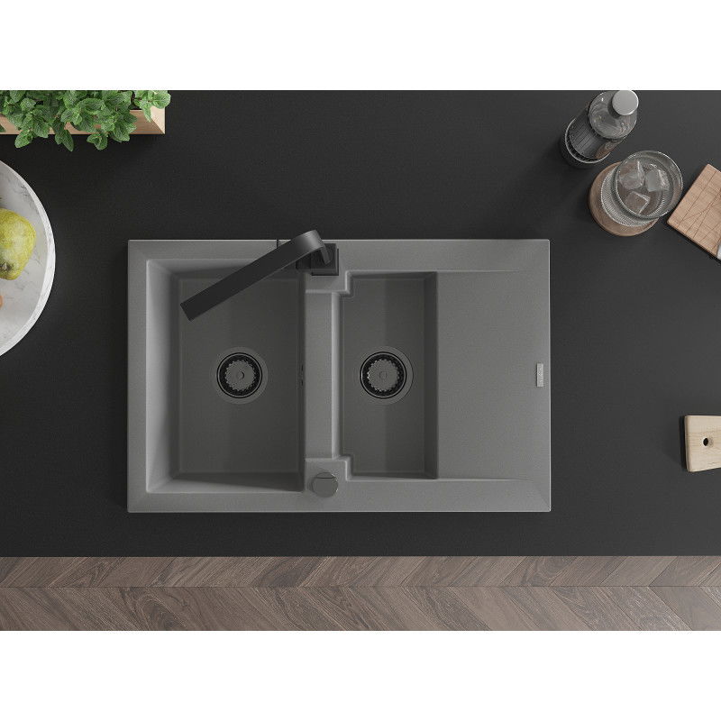 Mexen Gaspar granitinis praustuvas 1,5 skyrių su indų laikikliu ir virtuviniu maišytuvu Rita, pilka - 6507-71-670300-70-B