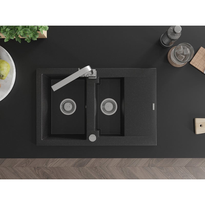 Mexen Gaspar granitinė 1,5 skylių plautuvė su nutekamu ir virtuviniu maišytuvu Rita, juoda/sidabrinė metalik