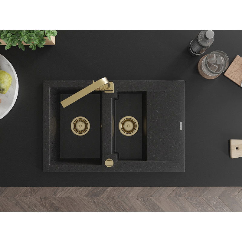 Mexen Gaspar granitinė kriauklė 1,5 kameros su nutekamu ir virtuvės maišytuvu Rita, juoda/sidabrinė metalo - 6507-73-670300-50