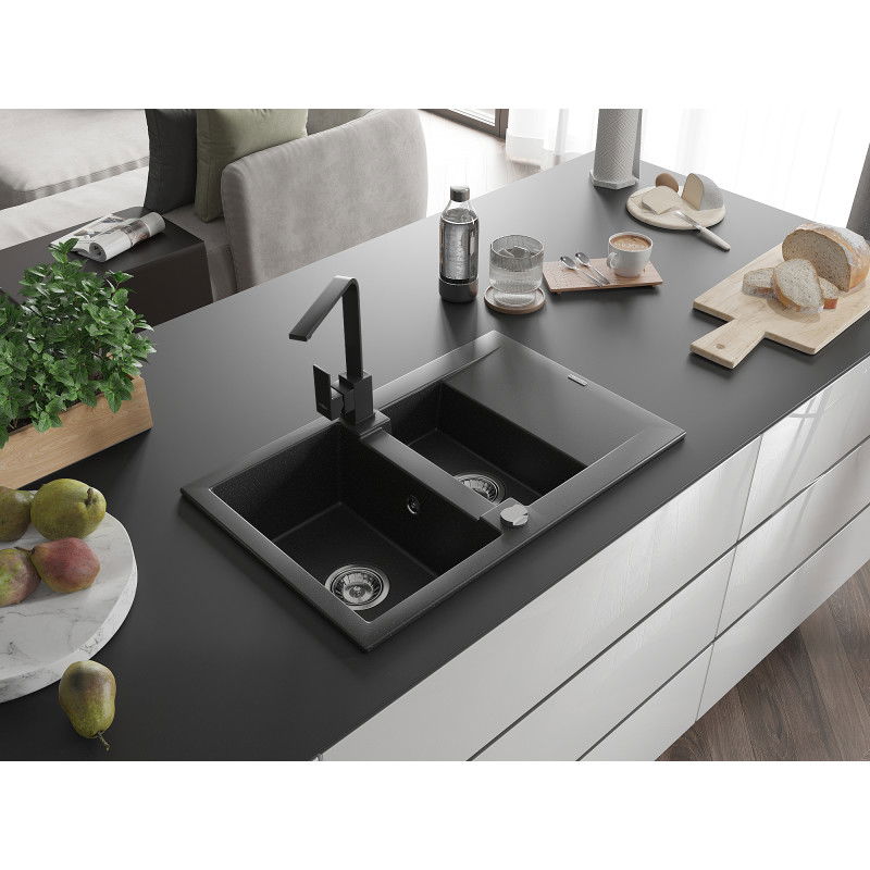 Mexen Gaspar granitinė 1,5 kamerų plautuvė su nusausintuvu ir virtuviniu maišytuvu Rita, juodas/sidabrinis metalikas