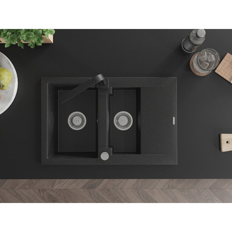 Mexen Gaspar granitinė 1,5 kamerų plautuvė su nusausintuvu ir virtuviniu maišytuvu Rita, juodas/sidabrinis metalikas