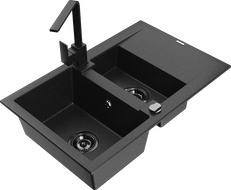 Mexen Gaspar granito plautuvė 1,5 skylių su nusausintuvu ir virtuviniu maišytuvu Rita, juoda/sidabrinė - 6507-73-670300-70-B