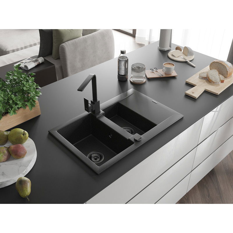 Mexen Gaspar granito plautuvė 1,5 skylių su nusausintuvu ir virtuviniu maišytuvu Rita, juoda/sidabrinė - 6507-73-670300-70-B