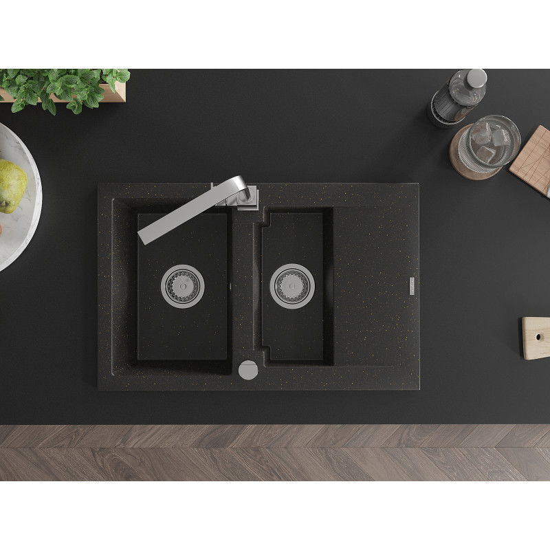 Mexen Gaspar granito plautuvė 1,5 skylių su lašintuvu ir virtuvės maišytuvu Rita, juoda/auksinė - 6507-75-670300-00