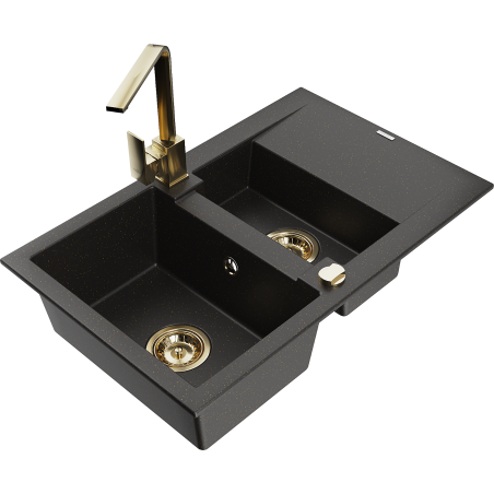 Mexen Gaspar granitinė 1,5 kamerų plautuvė su nusausintuvu ir virtuvės maišytuvu Rita, juoda/aukso - 6507-75-670300-50