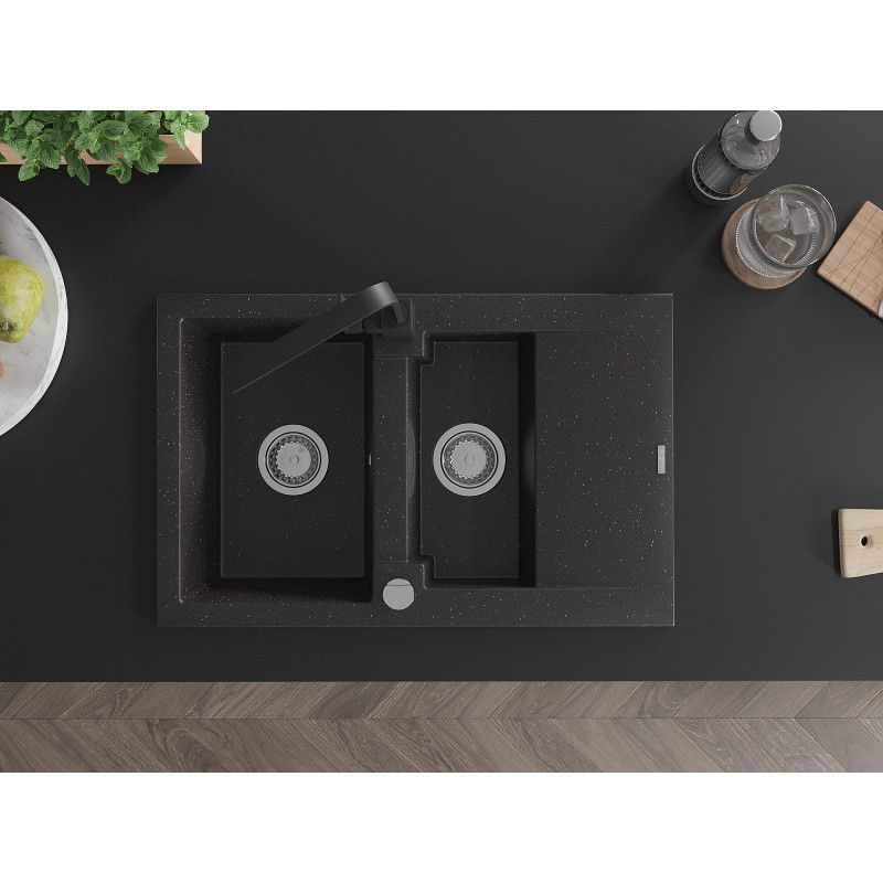 Mexen Gaspar granitinė 1,5 skylių plautuvė su drenažu ir virtuviniu maišytuvu Rita, juoda/aukso - 6507-75-670300-70