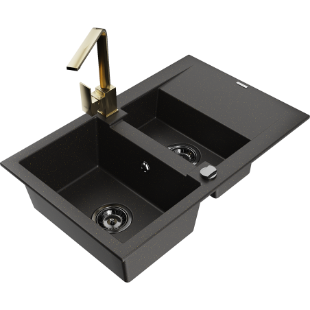 Mexen Gaspar granito plautuvė 1,5 kamerų su nusausintuvu ir virtuvės maišytuvu Rita, juoda/auksinė - 6507-75-670300-50-B
