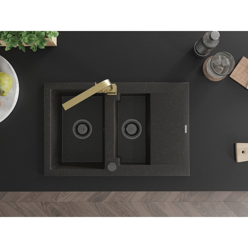 Mexen Gaspar granito plautuvė 1,5 kamerų su nusausintuvu ir virtuvės maišytuvu Rita, juoda/auksinė - 6507-75-670300-50-B