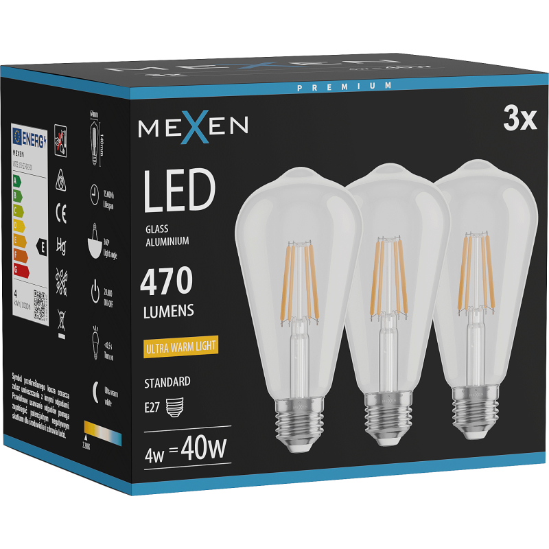 Mexen Vintis 3x LED gijų lemputė E27, ST64, 4W, Šilta - 2200K, 470 lm, skaidri - L152-E27-0422-00x03