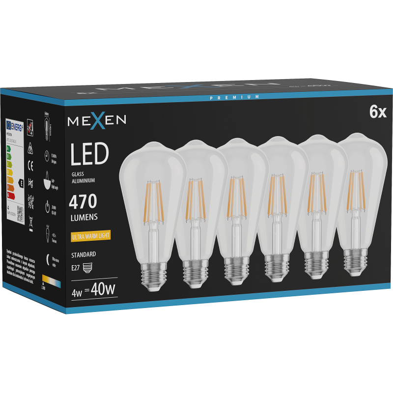 Mexen Vintis 6x LED filamentinė lemputė E27, ST64, 4W, Šilta - 2200K, 470 lm, skaidri - L152-E27-0422-00x06