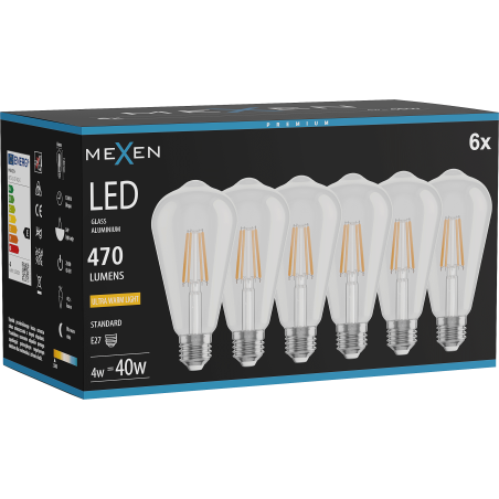 Mexen Vintis 6x LED filamentinė lemputė E27, ST64, 4W, Šilta - 2200K, 470 lm, skaidri - L152-E27-0422-00x06