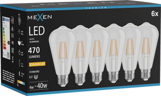 Mexen Vintis 6x LED filamentinė lemputė E27, ST64, 4W, Šilta - 2200K, 470 lm, skaidri - L152-E27-0422-00x06