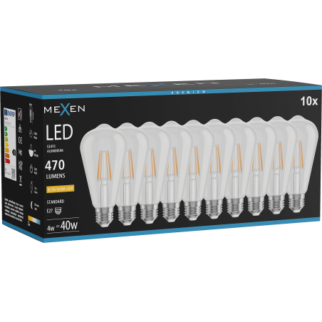 Mexen Vintis 10x LED siūlelinė lemputė E27, ST64, 4W, Šilta - 2200K, 470 lm, skaidri - L152-E27-0422-00x10
