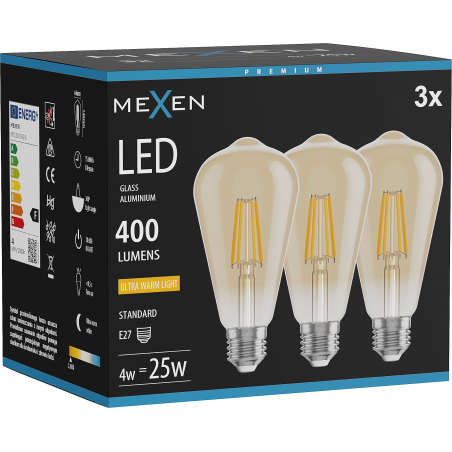 Mexen Vintis 3x LED filamentinė lemputė E27, ST64, 4W, Šilta - 2200K, 400 lm, gintarinė - L152-E27-0422-50x03