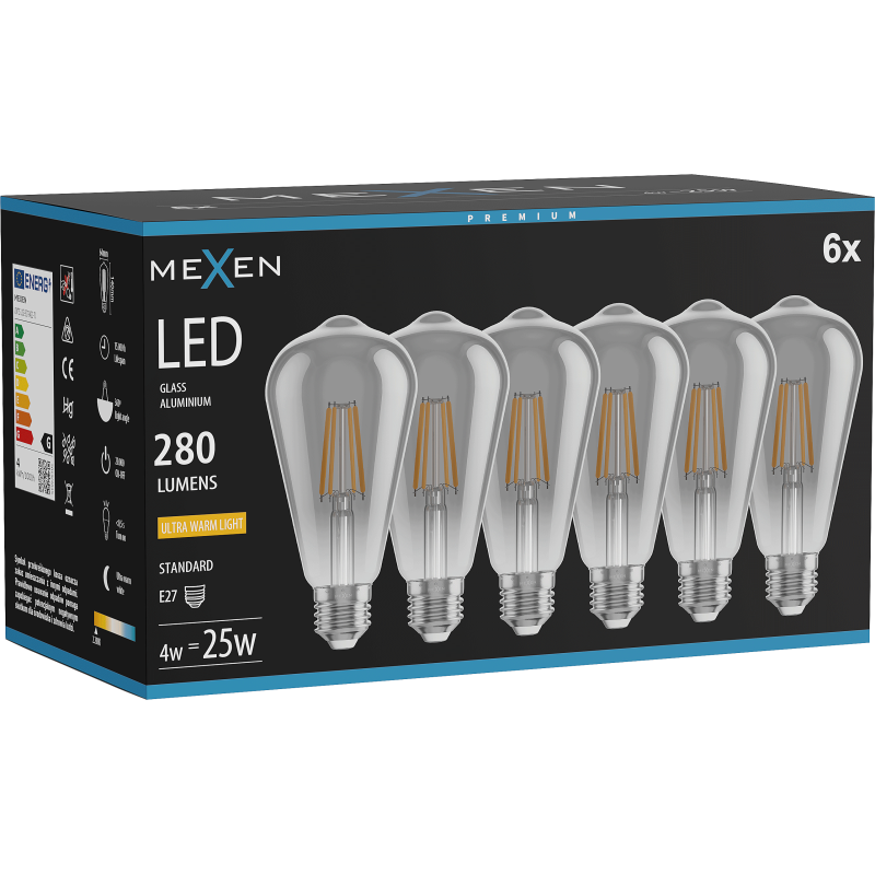 Mexen Vintis 6x LED filamento lemputė E27, ST64, 4W, Šilta - 2200K, 300 lm, dūminė - L152-E27-0422-70x06