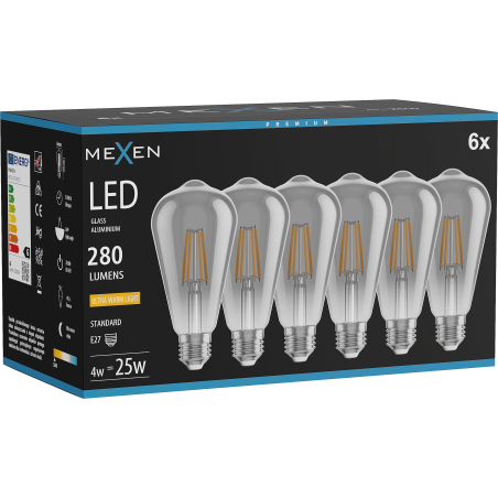 Mexen Vintis 6x LED filamento lemputė E27, ST64, 4W, Šilta - 2200K, 300 lm, dūminė - L152-E27-0422-70x06