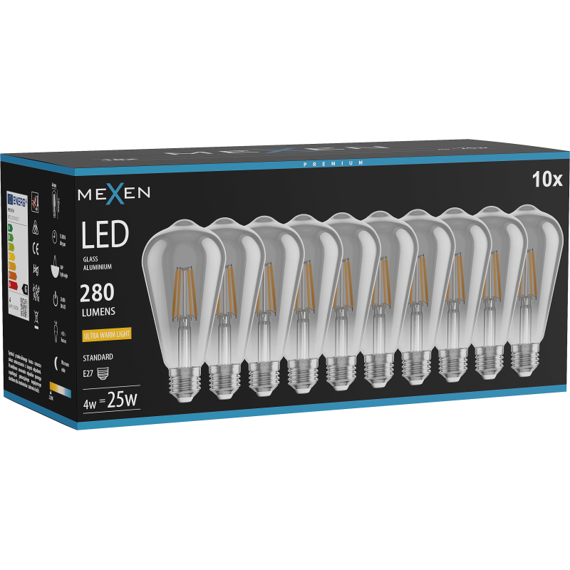 Mexen Vintis 10x LED gijų lemputė E27, ST64, 4W, Šilta - 2200K, 300 lm, dūmo - L152-E27-0422-70x10