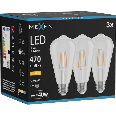Mexen Vintis 3x LED siūlo lemputė E27, ST64, 4W, Šilta - 2700K, 470 lm, skaidri - L152-E27-0427-00x03