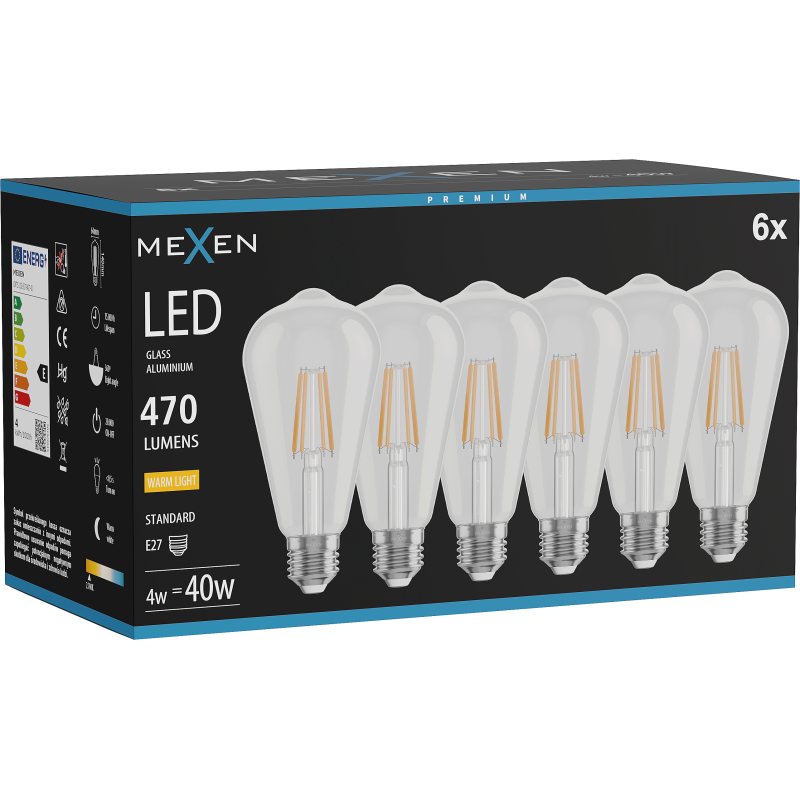 Mexen Vintis 6x LED gijų lemputė E27, ST64, 4W, Šilta - 2700K, 470 lm, skaidri - L152-E27-0427-00x06